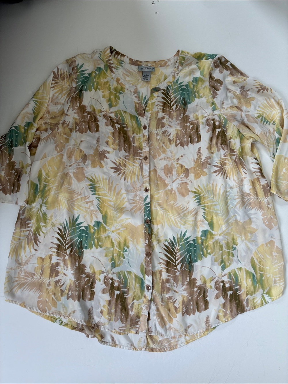 Catherines Cream Button-Front Tunic with Green and Brown Leaf Print 1X - Picture 13 of 15